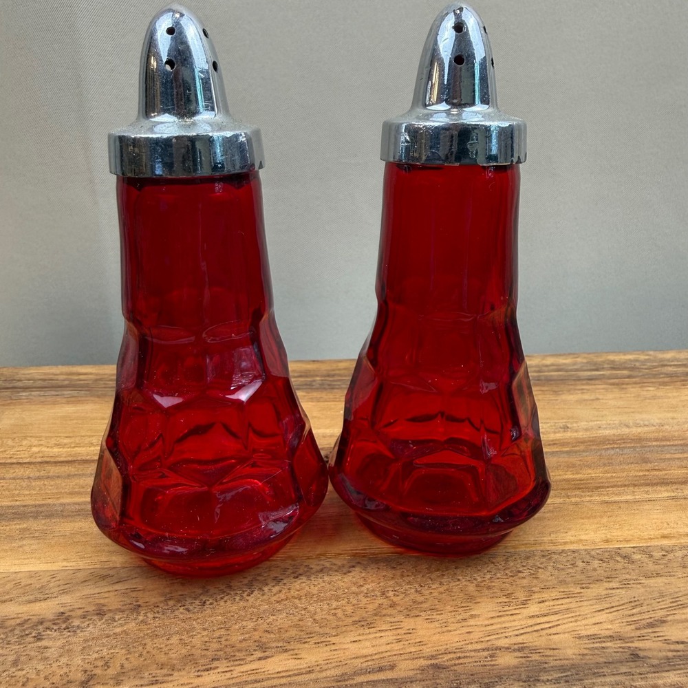 Viking Glass Ruby Red Georgian Honeycomb Salt and Pepper Shakers Vintage Set